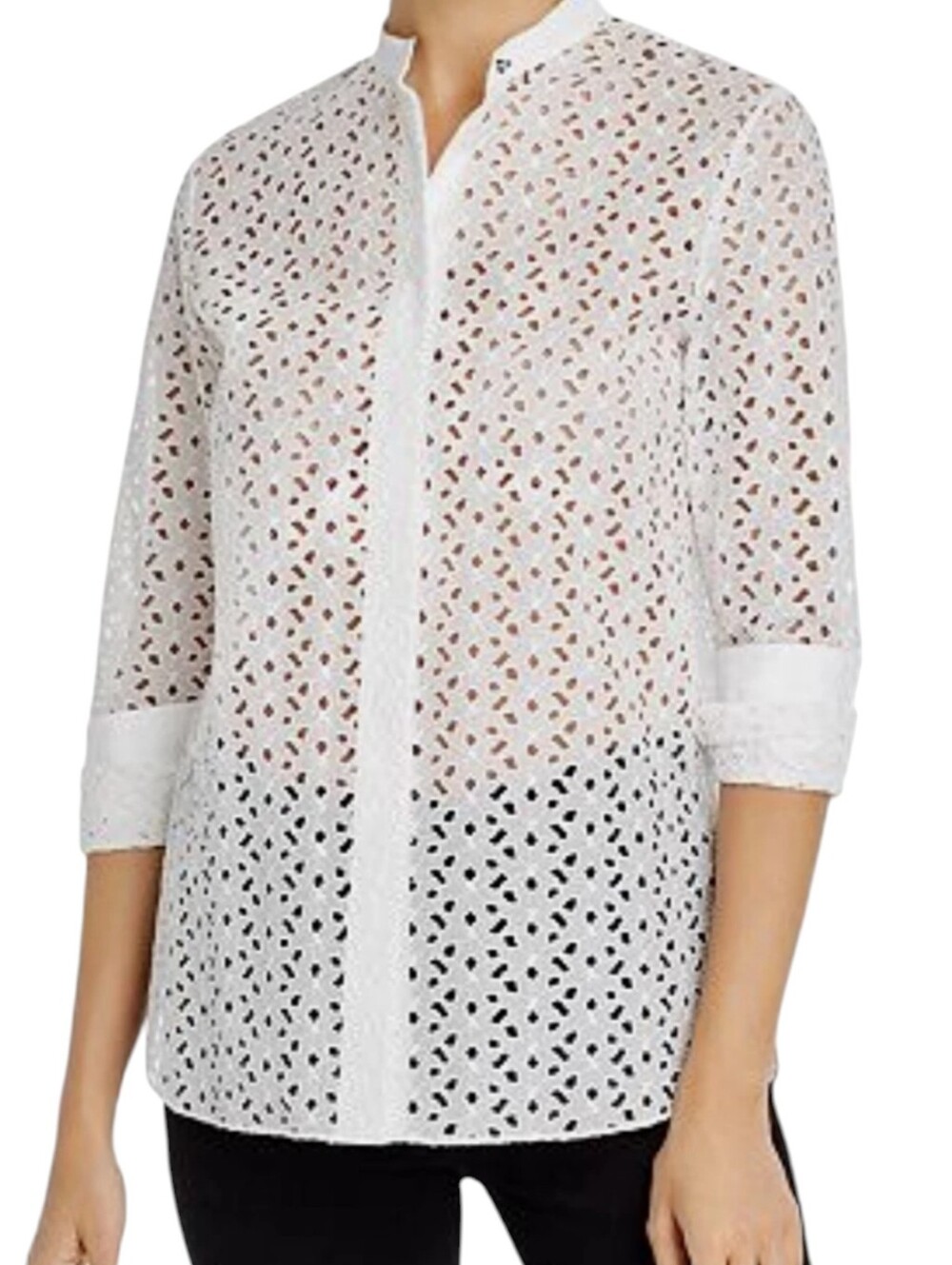 Theory White Eyelet Button-Down Mandarin Collar Blouse Cotton/ Silk Luxury Sz L - Picture 4 of 10